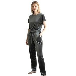 Piper & Scoot Velour Jumpsuit sz M Gray Bianca Velvet Luxe Loungewear Comfort